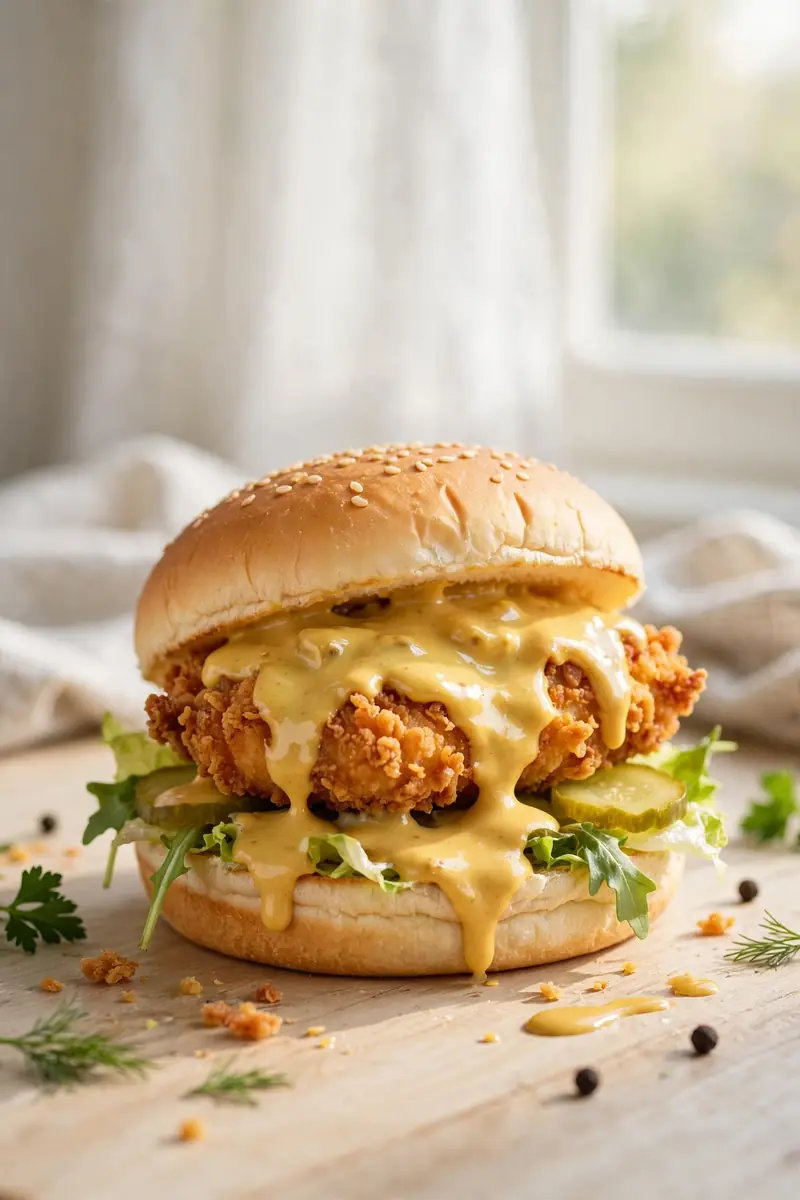 Honey mustard chicken sandwich with golden chicken, lettuce, tomato and honey mustard sauce