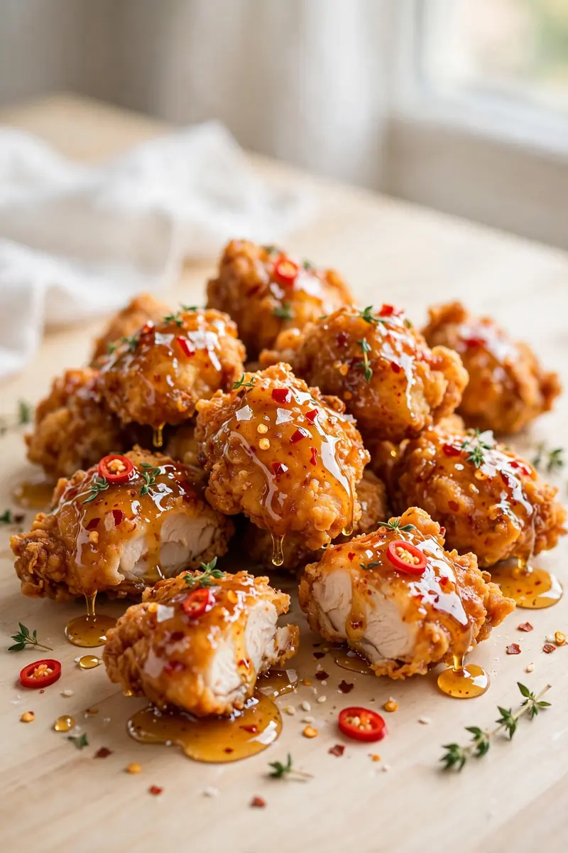 Hot honey fried chicken pieces drizzled with spicy honey glaze