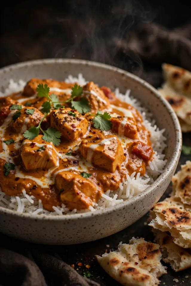 Close-up of butter chicken over basmati rice with cream drizzle, cilantro and naan on the side