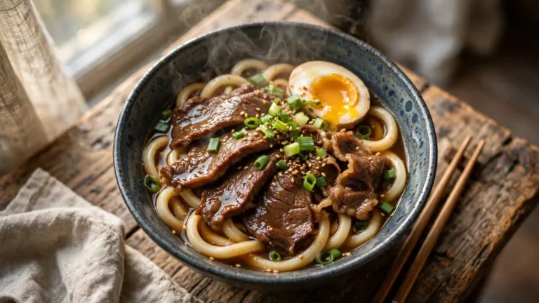 Bowl of beef udon with tender sliced beef, scallions and a soft-boiled egg in rich broth