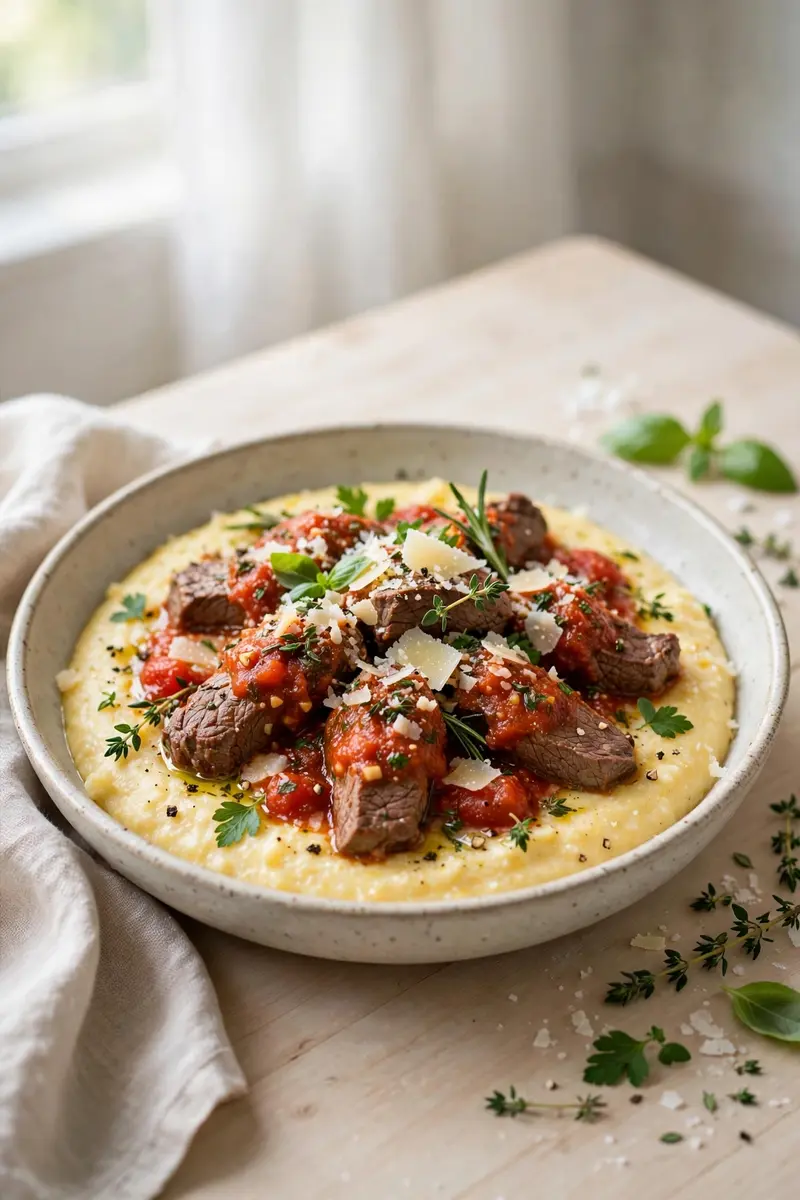 Italian herb beef tips in tomato sauce over creamy polenta