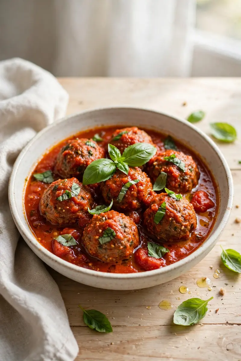 Italian meatballs simmered in marinara sauce with basil