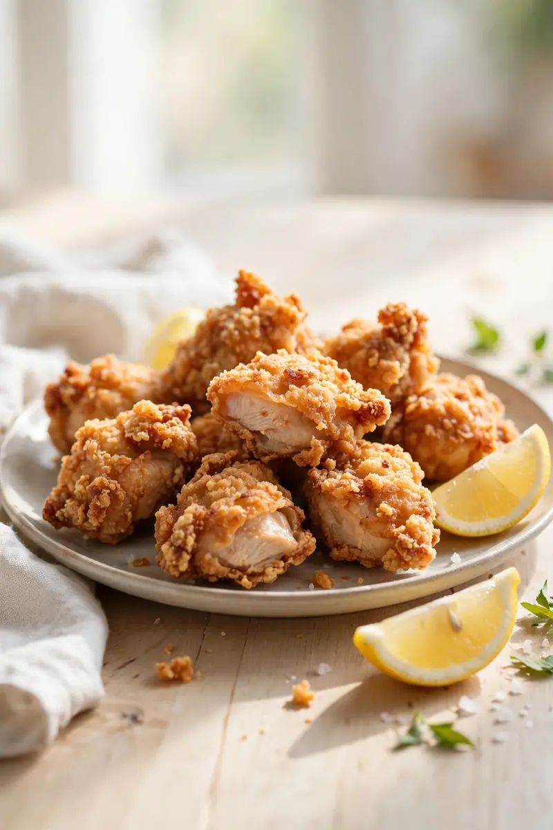 Japanese karaage fried chicken pieces with lemon wedges