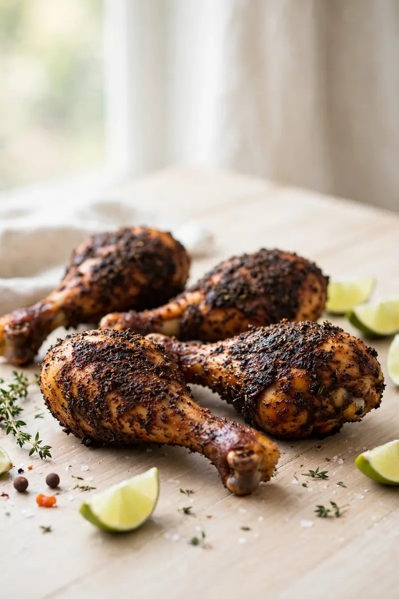 Jerk chicken legs with dark Caribbean spice crust