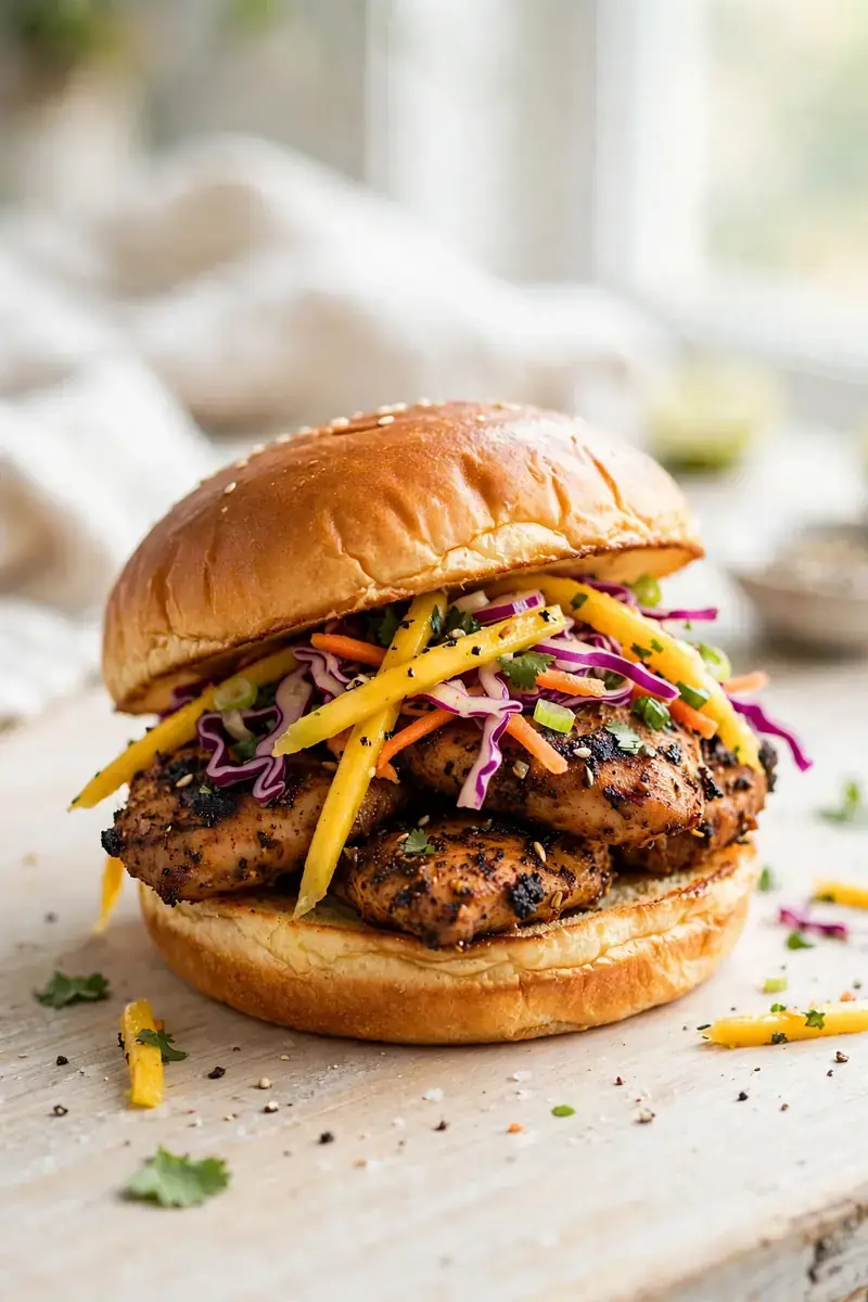 Jerk chicken sandwich with spiced grilled chicken and mango slaw on a brioche bun