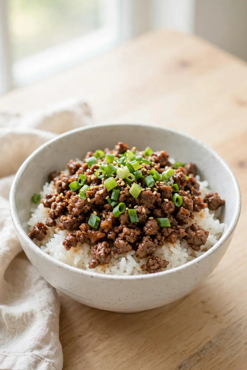 Korean beef bowl with sweet savory minced beef over rice