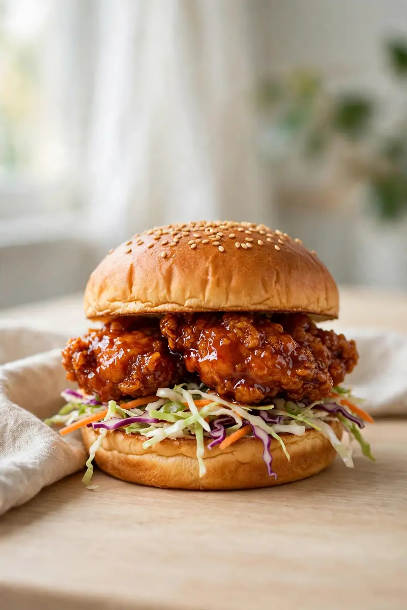 Korean fried chicken sandwich with glossy gochujang glazed chicken and slaw on a brioche bun