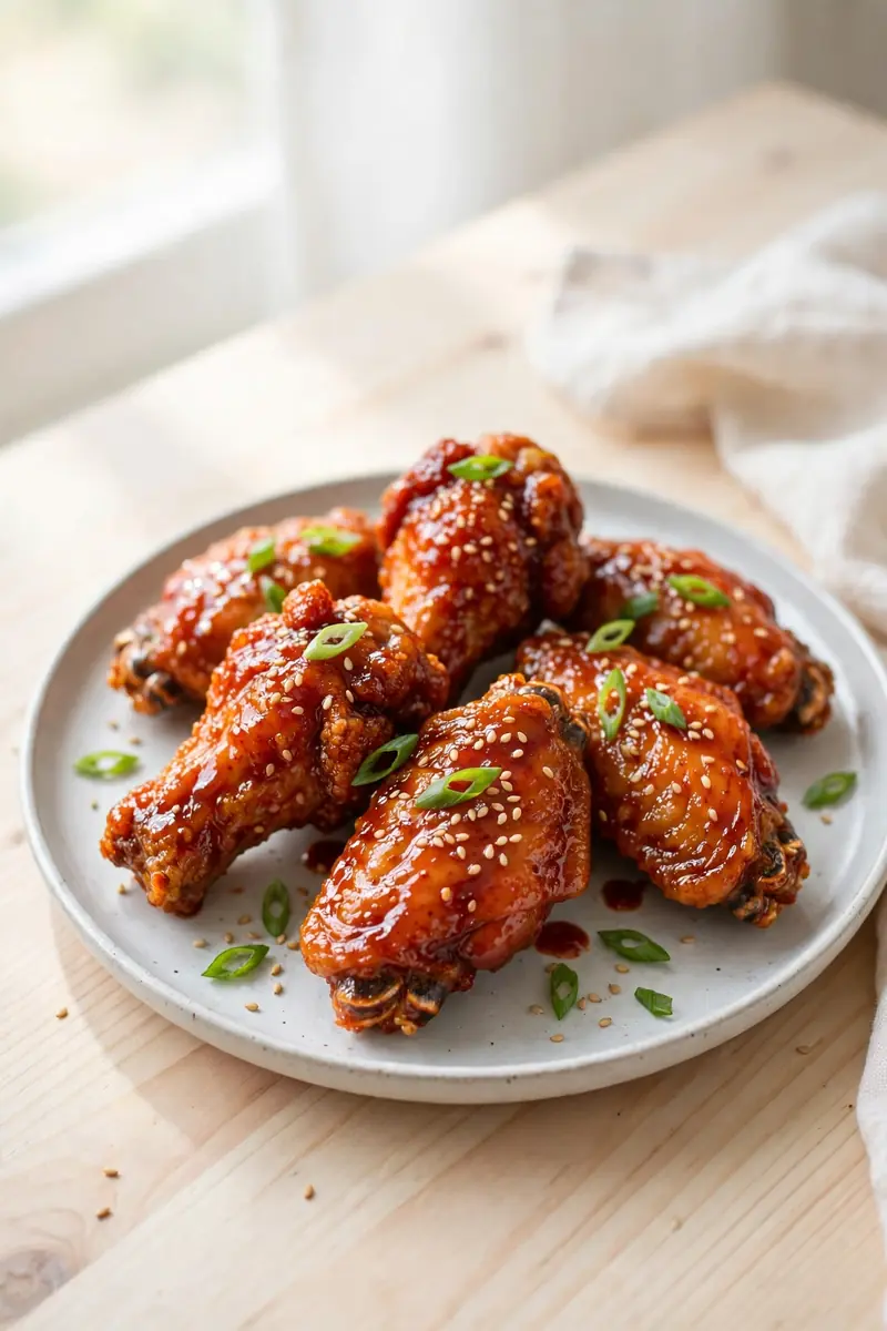 Korean fried chicken wings with glossy gochujang glaze and sesame seeds