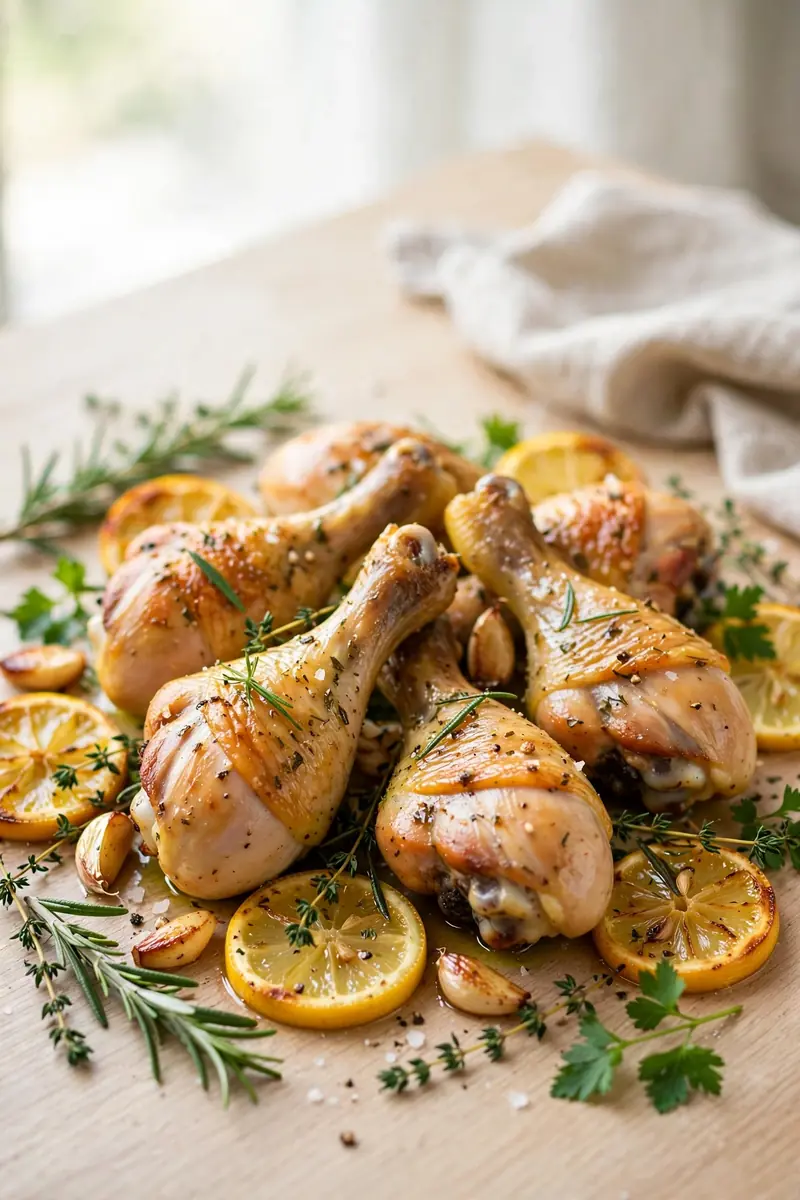 Lemon herb chicken legs with fresh herbs and lemon slices roasted golden