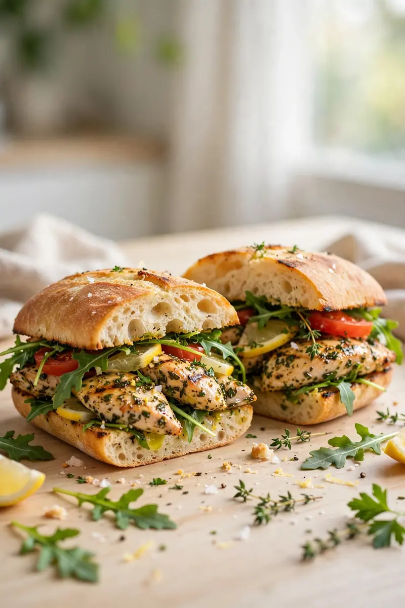 Lemon herb grilled chicken sandwich with bright marinated chicken, arugula and tomato on ciabatta