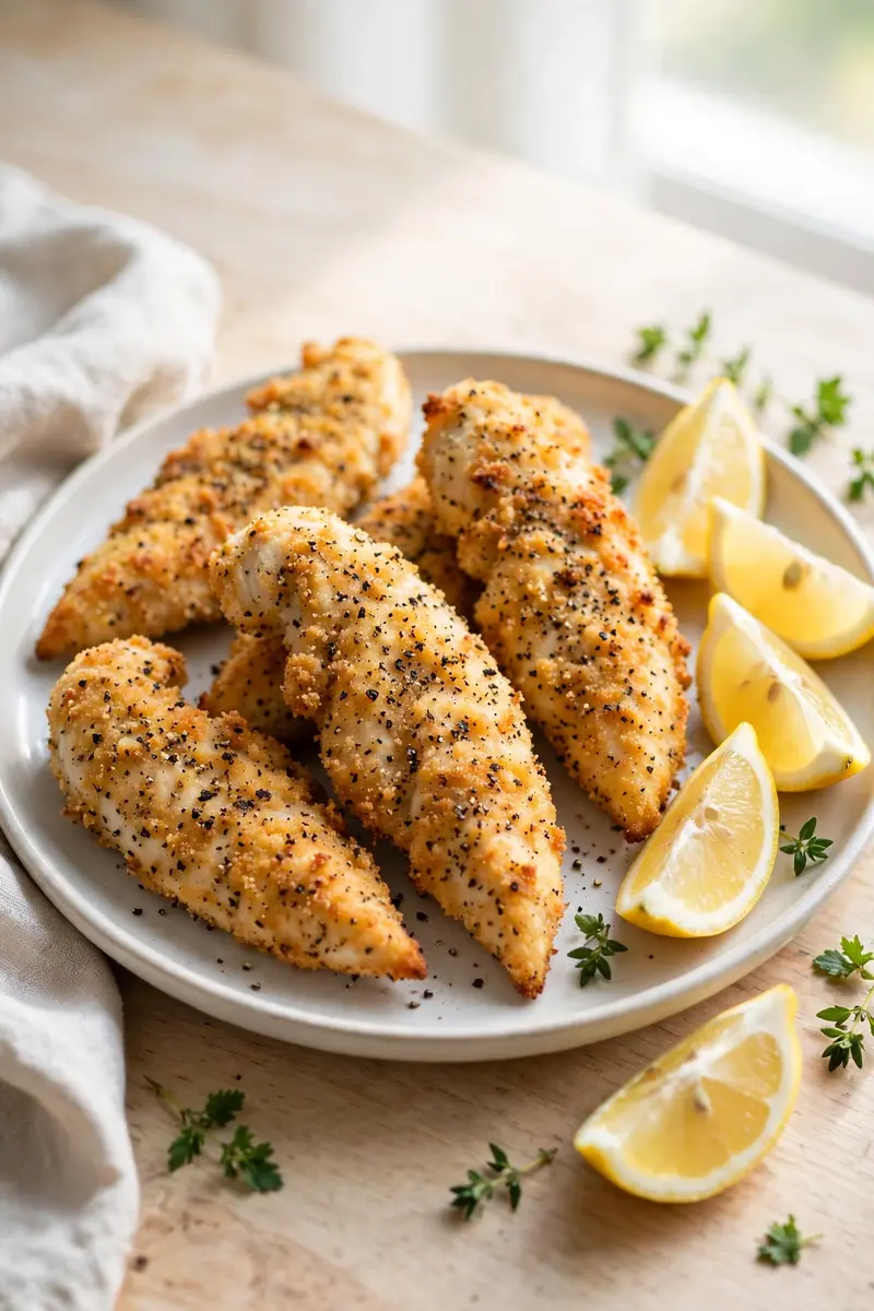 Lemon pepper chicken tenders with lemon wedges