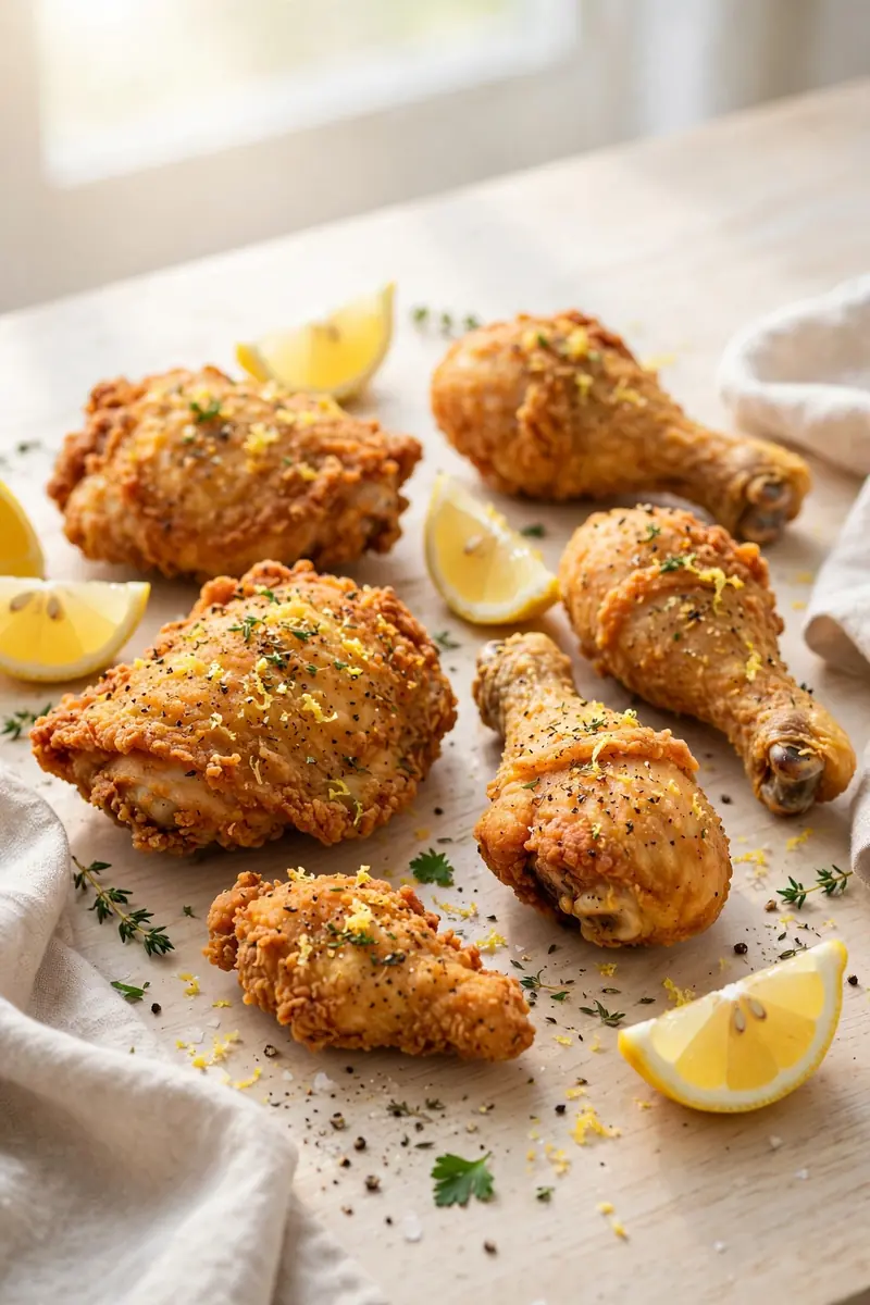 Lemon pepper fried chicken with zesty seasoning and lemon wedges