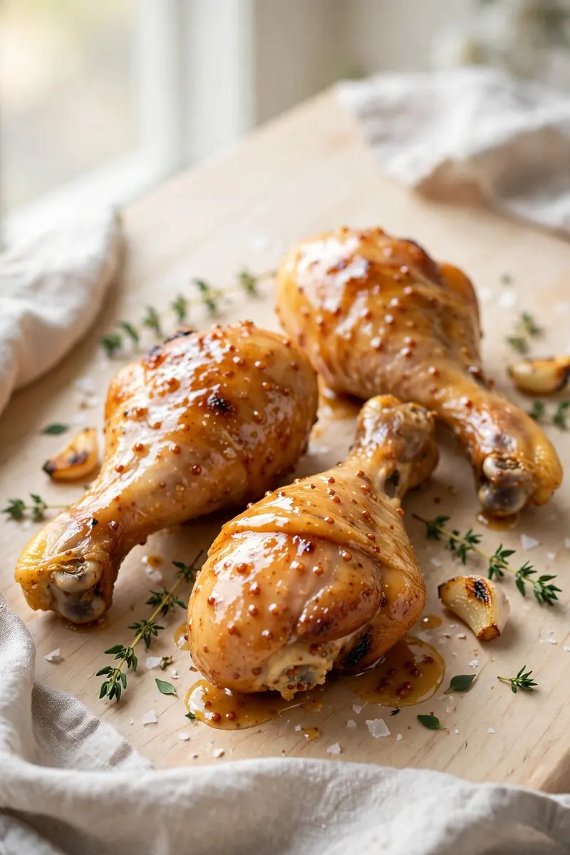 Maple Dijon glazed chicken legs with golden sticky glaze