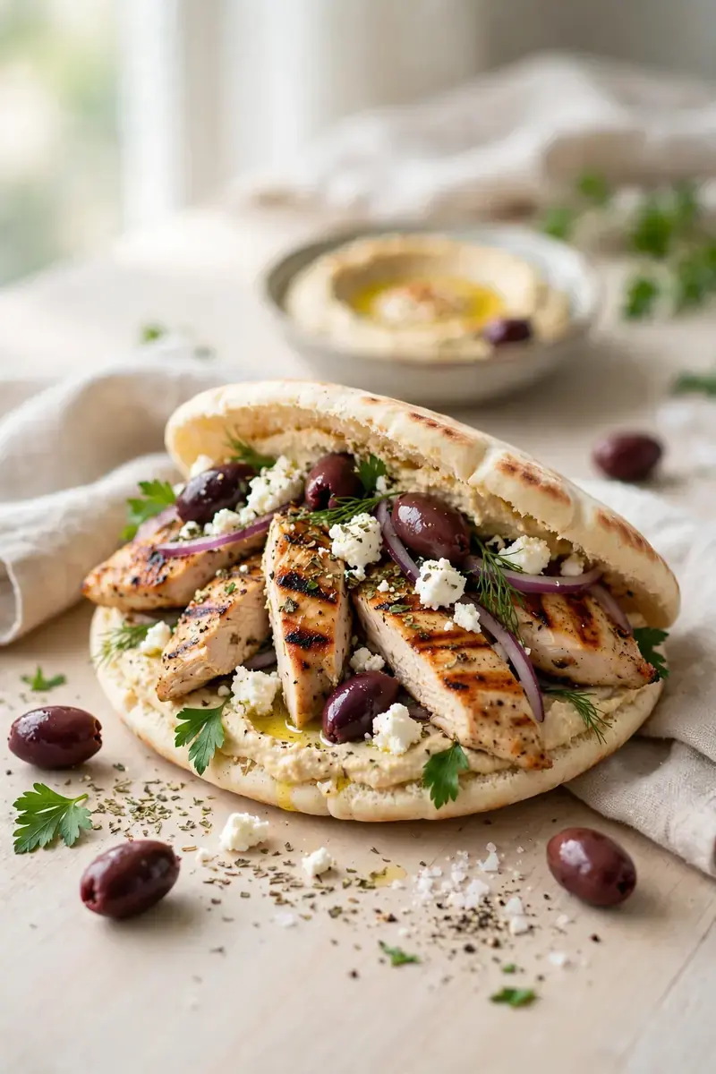 Mediterranean chicken sandwich with grilled chicken, feta, olives and hummus on pita