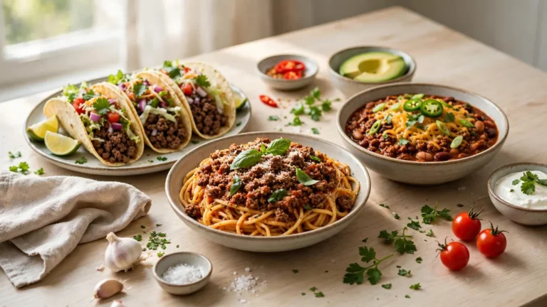 Family style spread of minced beef dishes including tacos, spaghetti bolognese and chili on a wooden table