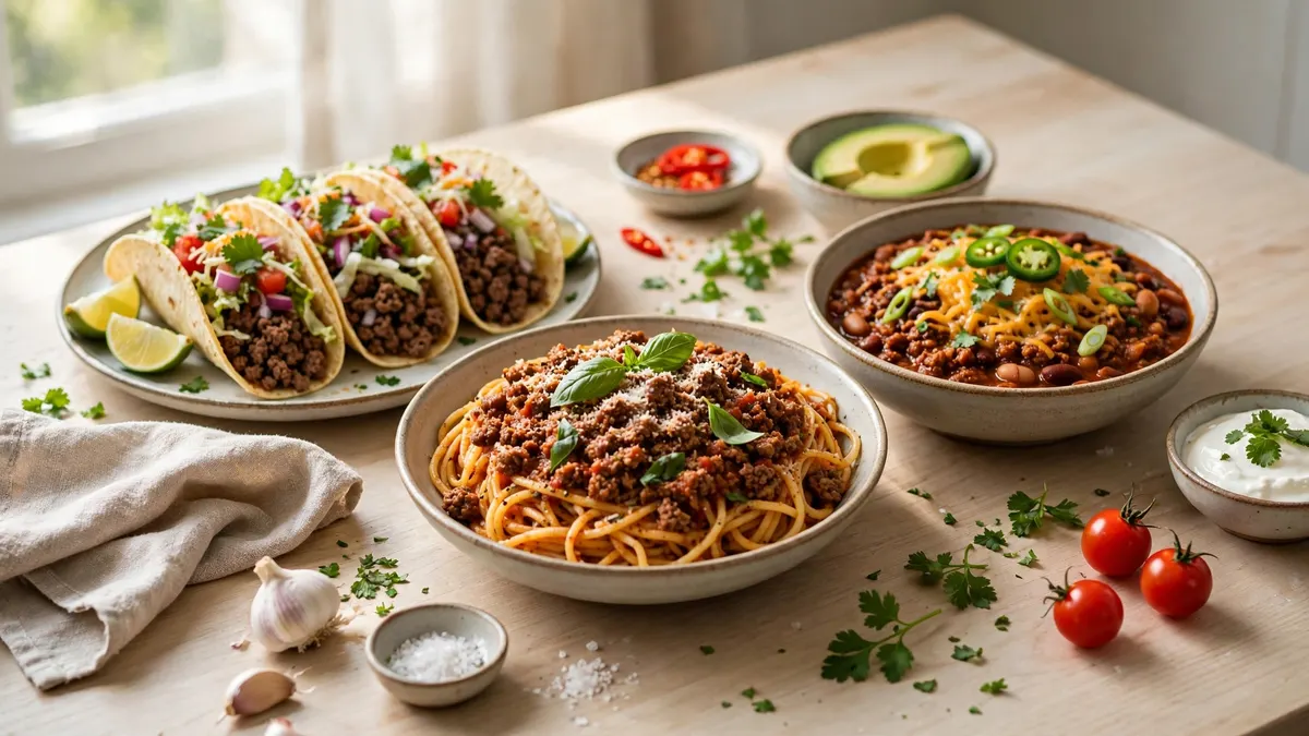 Family style spread of minced beef dishes including tacos, spaghetti bolognese and chili on a wooden table