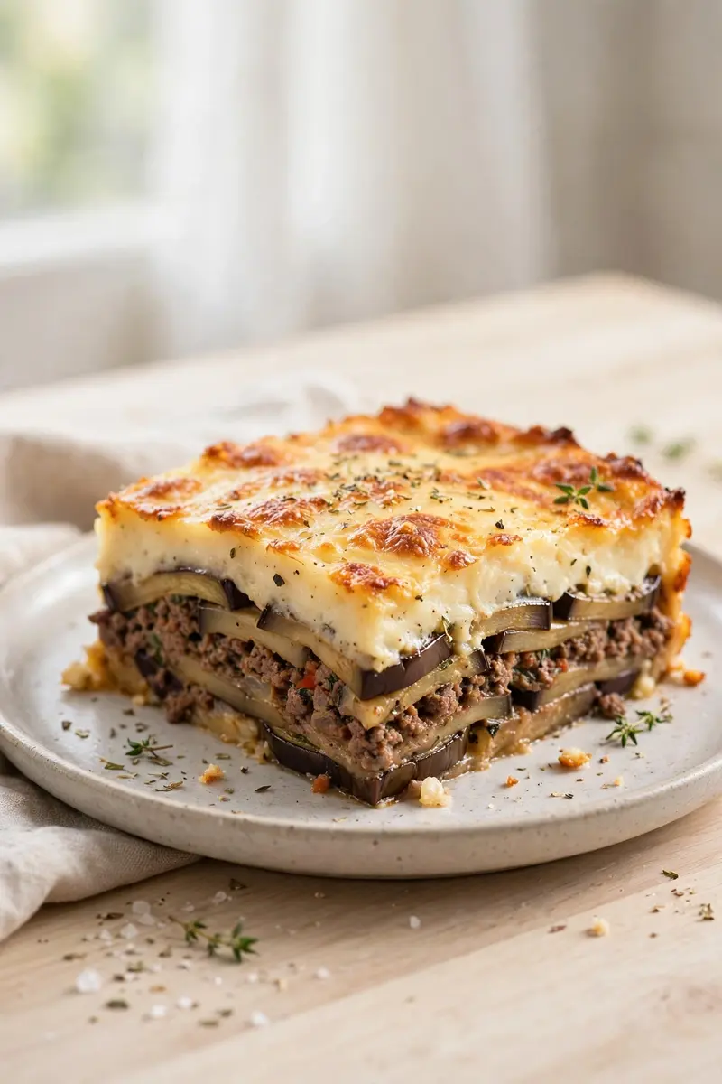 Moussaka style bake slice with layers of beef, eggplant and golden bechamel