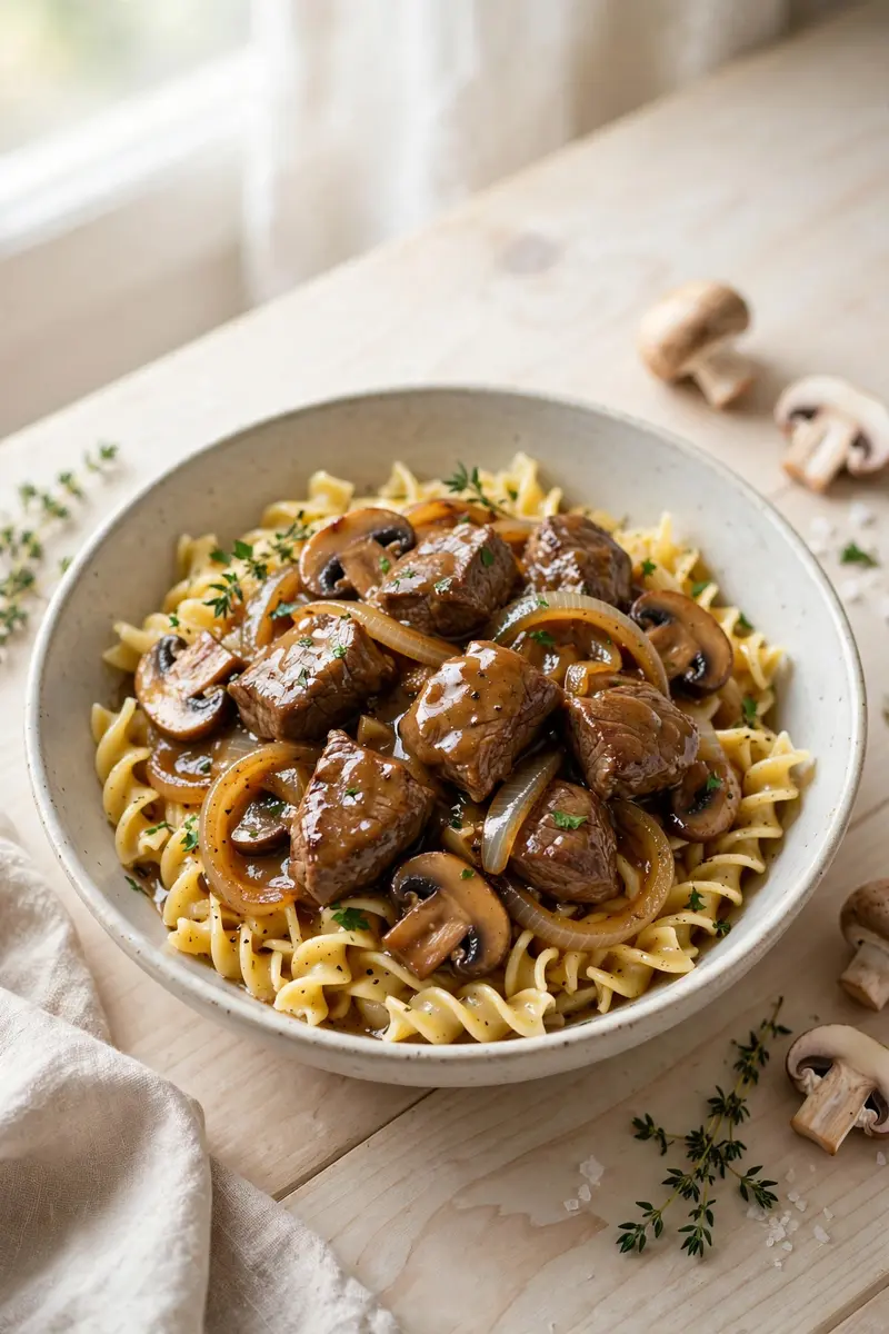 Beef tips with mushrooms and onions in savory gravy