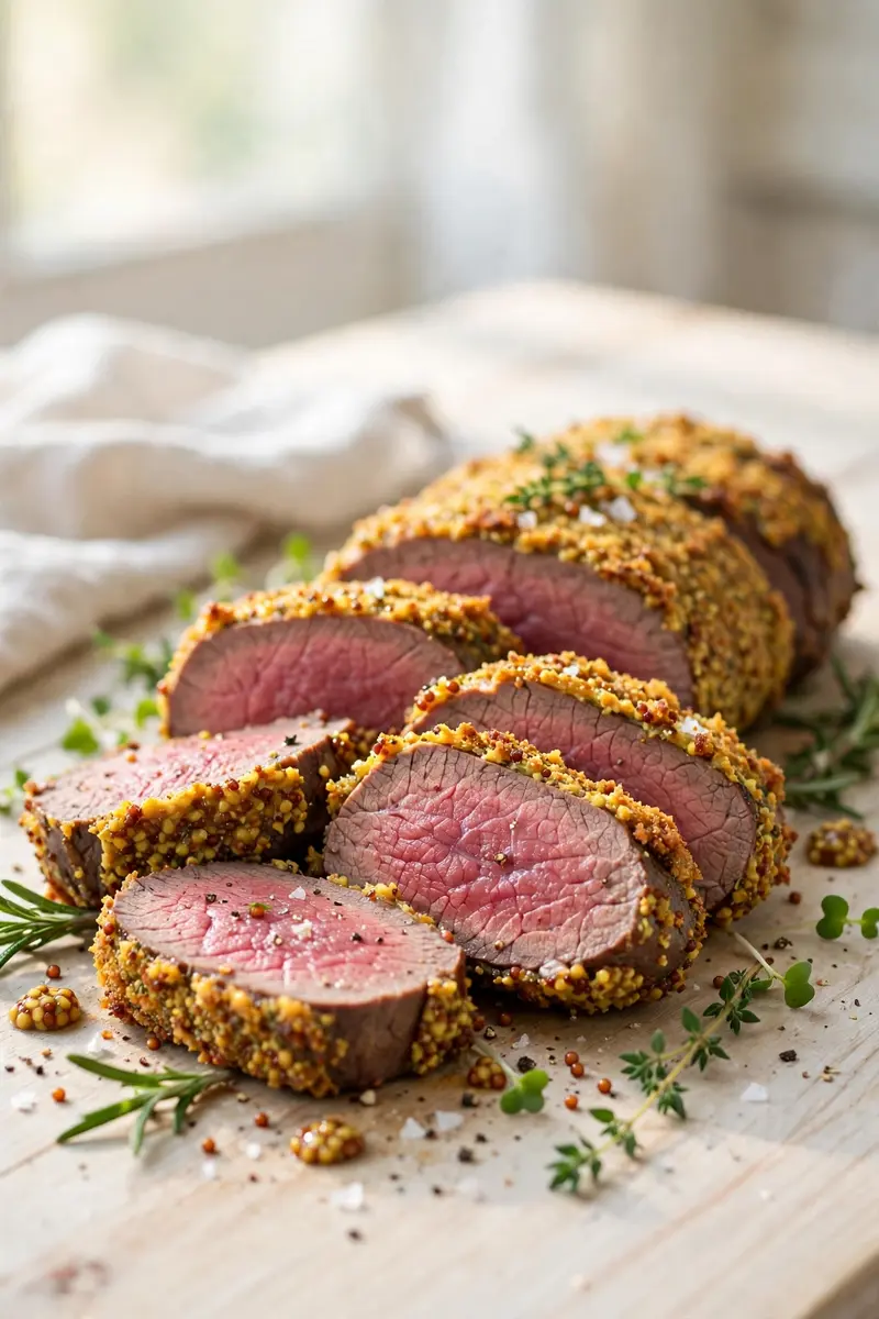 Mustard crusted beef tenderloin with golden tangy crust, sliced