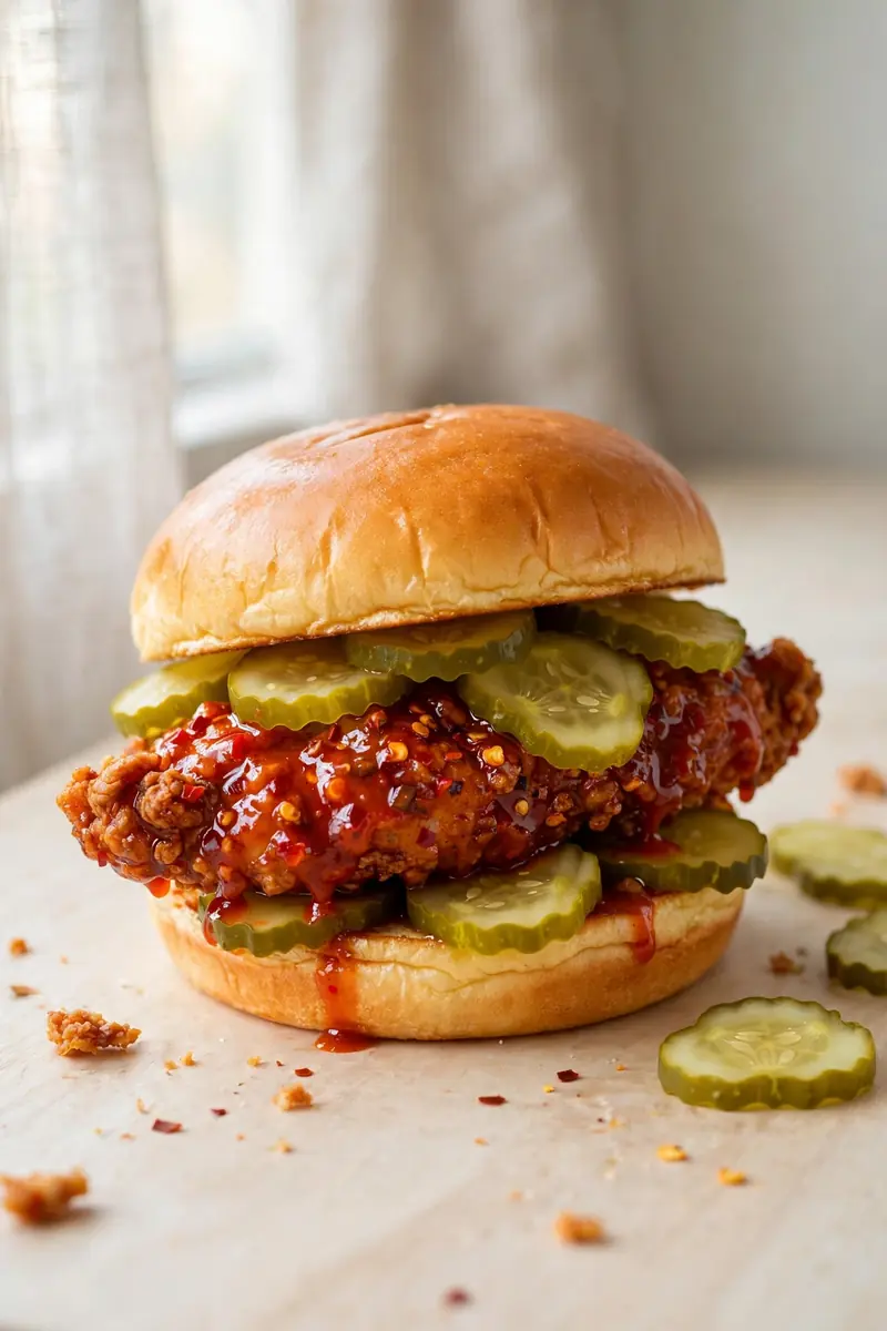 Nashville hot chicken sandwich with fiery red glazed chicken and pickles on a brioche bun