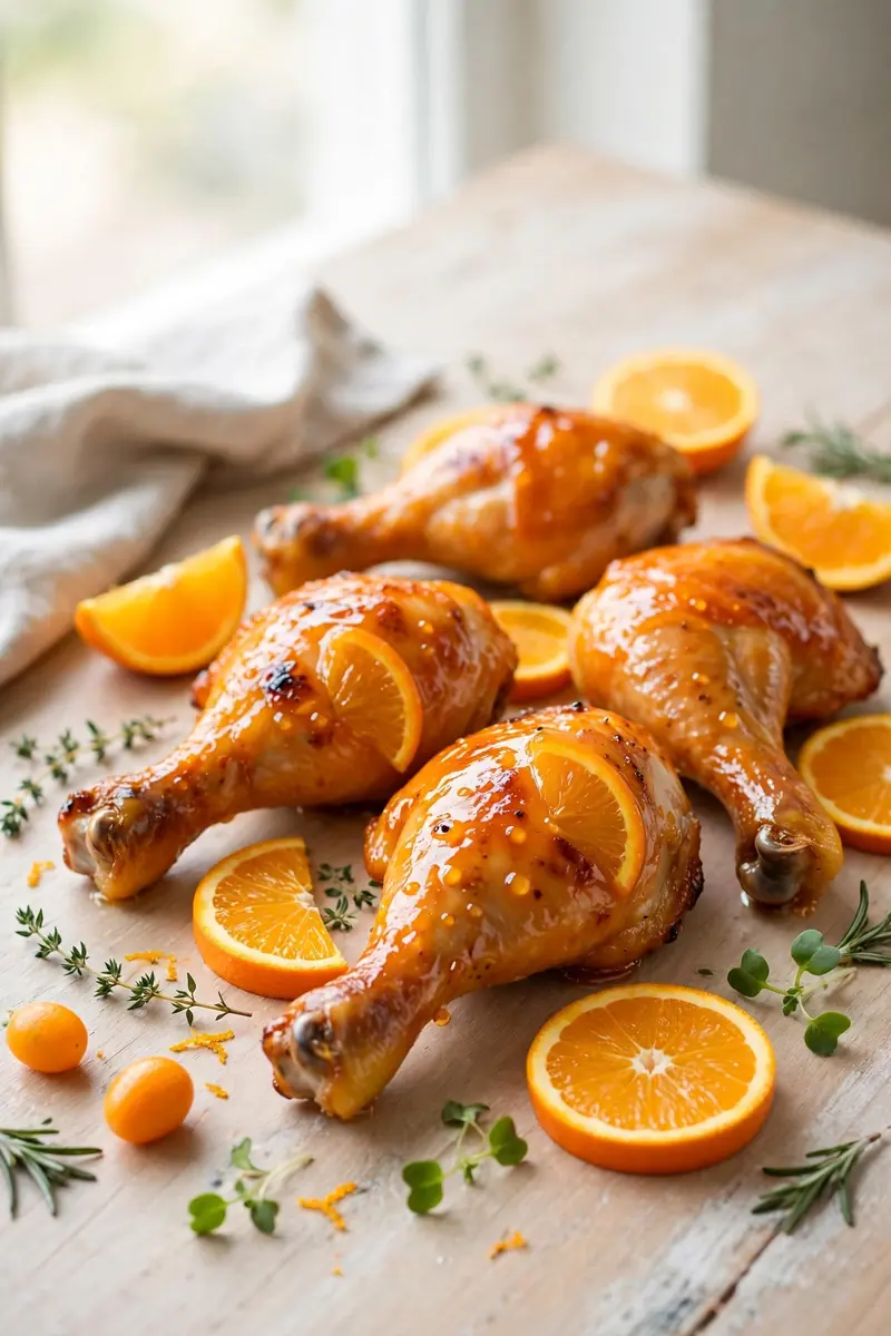 Orange glazed chicken legs with glossy citrus glaze and orange slices