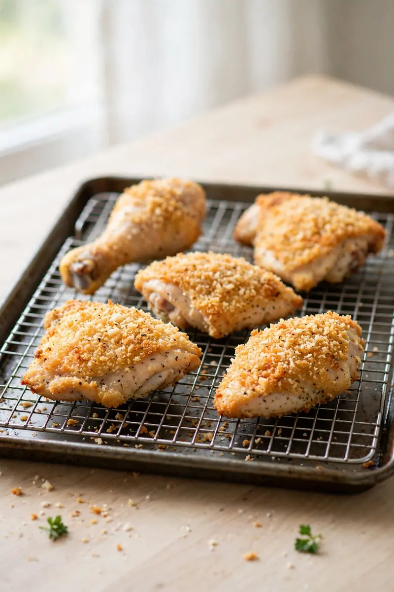 Oven fried chicken with golden breadcrumb coating on a wire rack