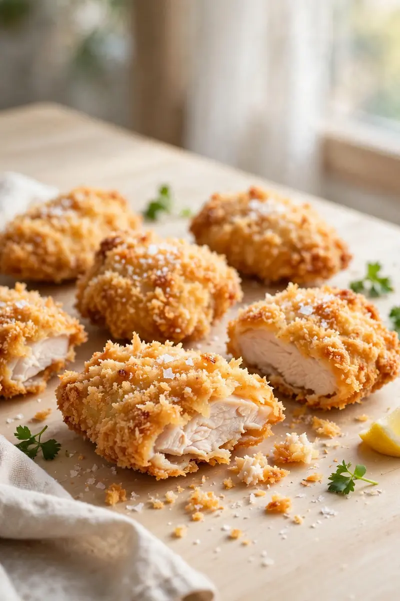 Panko crusted fried chicken with light airy golden crunch