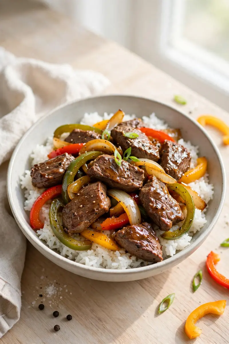 Pepper steak style beef tips with bell peppers over rice