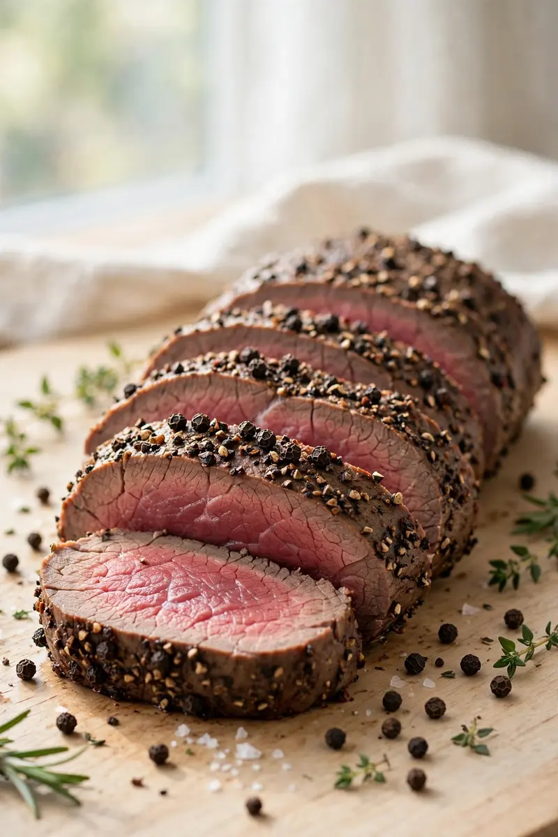 Peppercorn crusted beef tenderloin with bold cracked pepper crust, sliced