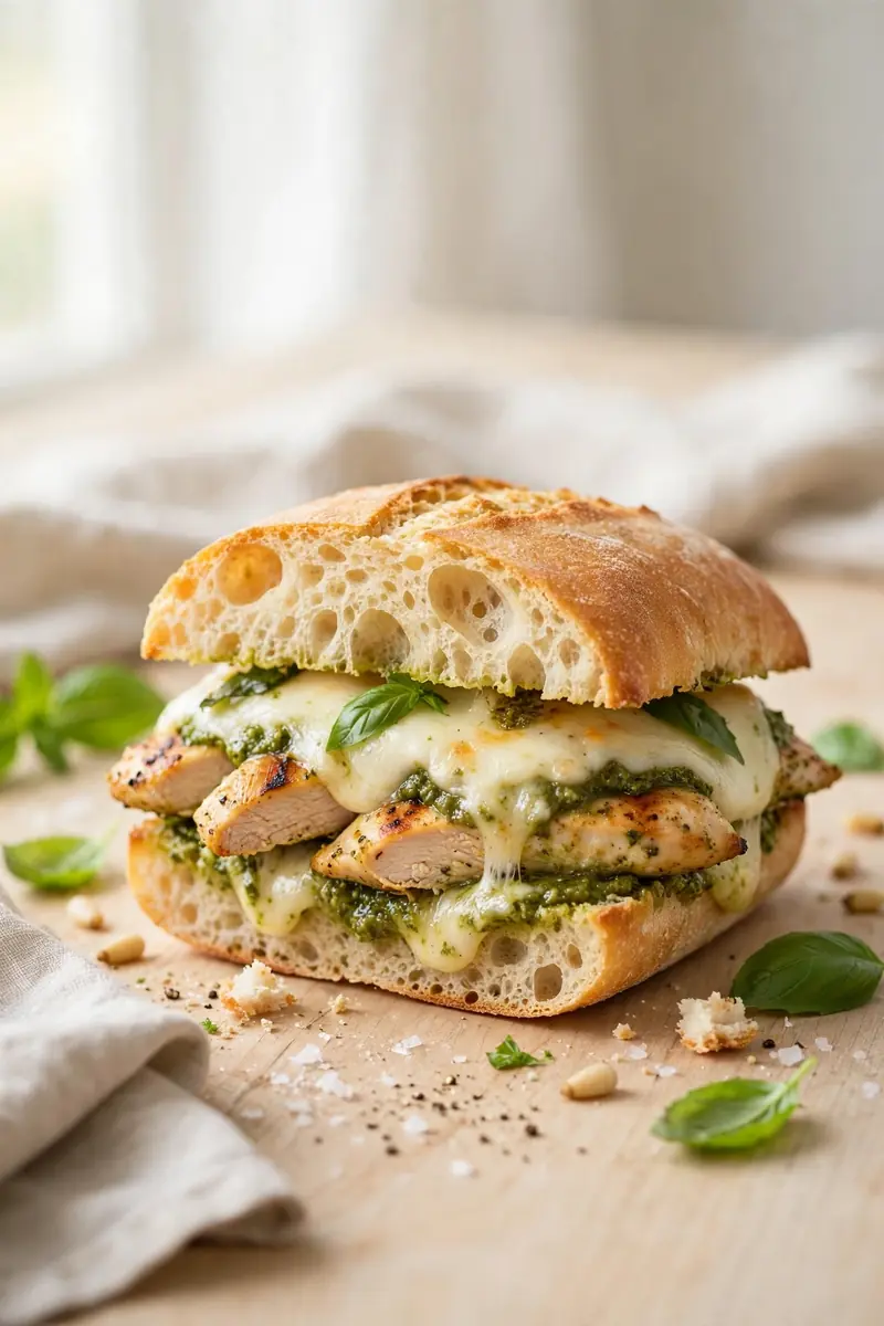 Pesto chicken sandwich with grilled chicken, basil pesto and melted mozzarella on ciabatta
