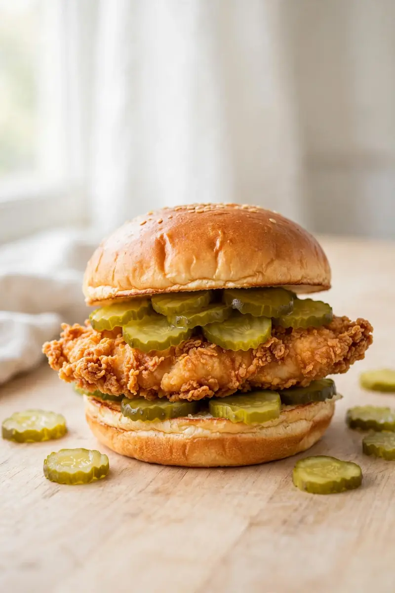 Pickle brined chicken sandwich with juicy fried chicken fillet and pickles on a brioche bun