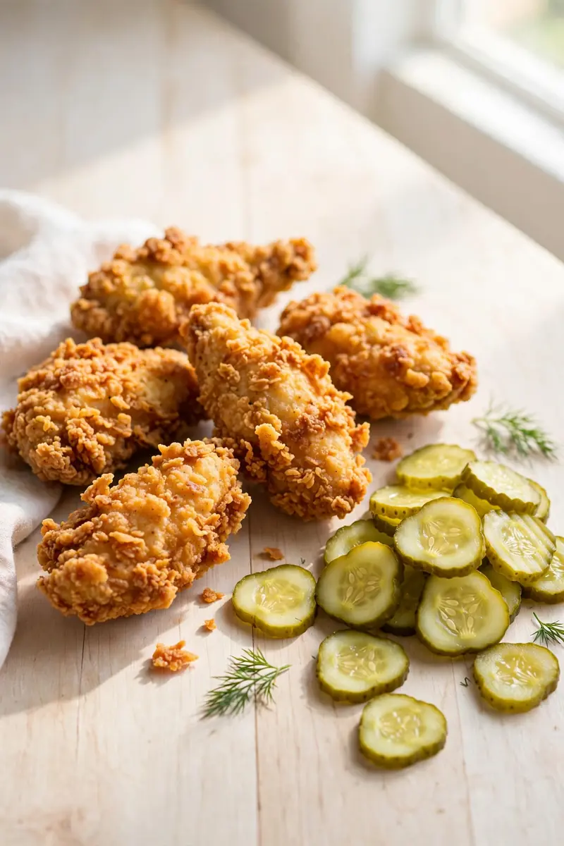 Pickle brined fried chicken with golden crust and dill pickle chips