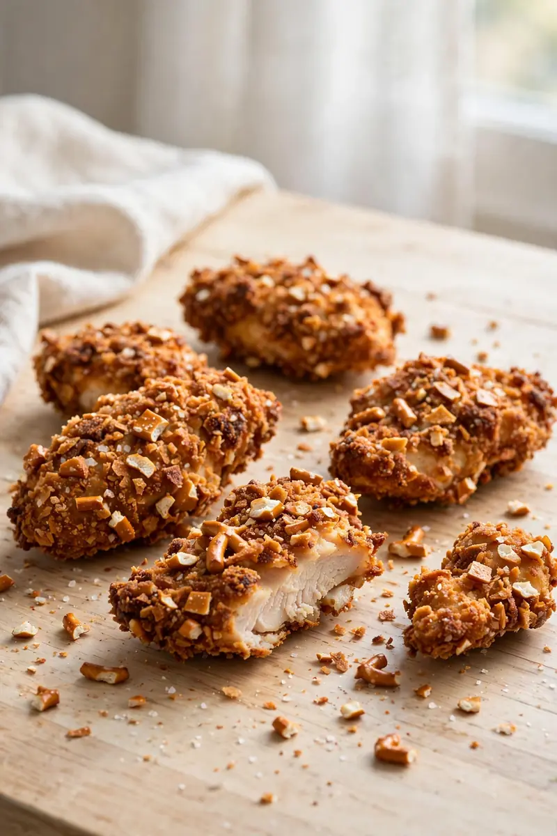 Pretzel crusted fried chicken with salty crunchy browned coating