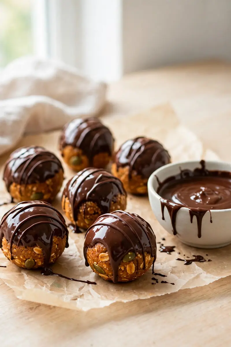 Dark chocolate dipped pumpkin protein balls