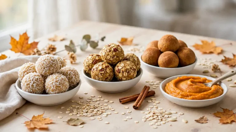 Pumpkin protein balls assortment on a light wooden table