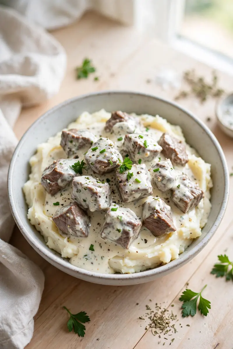 Ranch beef tips in creamy gravy over mashed potatoes
