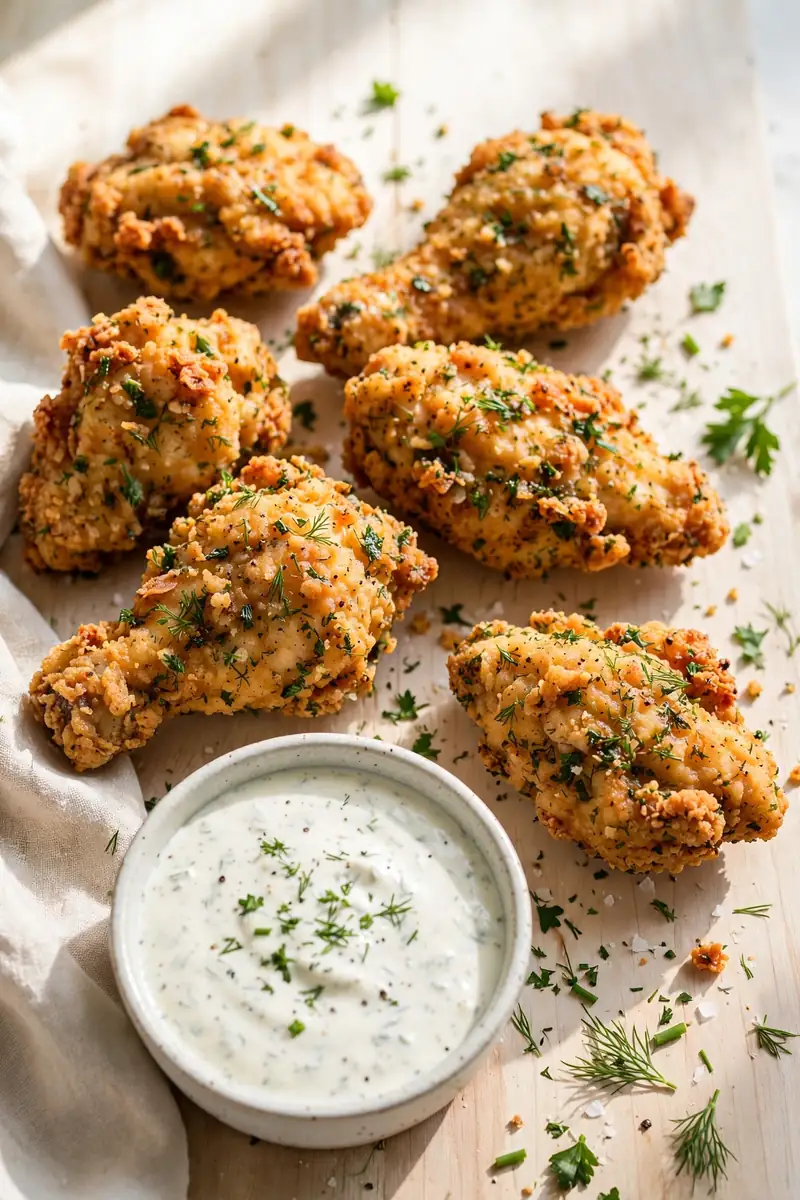 Ranch fried chicken with herby golden coating and ranch dip