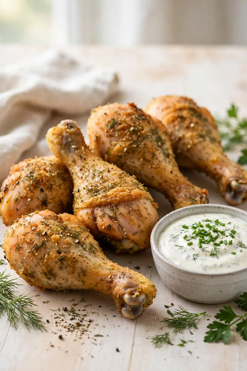 Ranch seasoned chicken legs with herby golden coating and ranch dip
