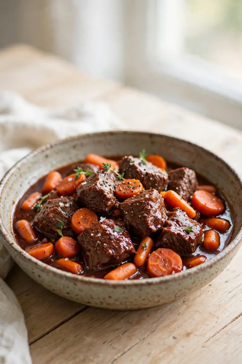 Beef tips braised in red wine sauce with carrots