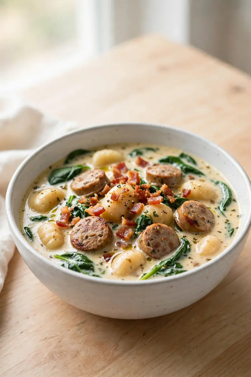 Bacon and sausage gnocchi soup