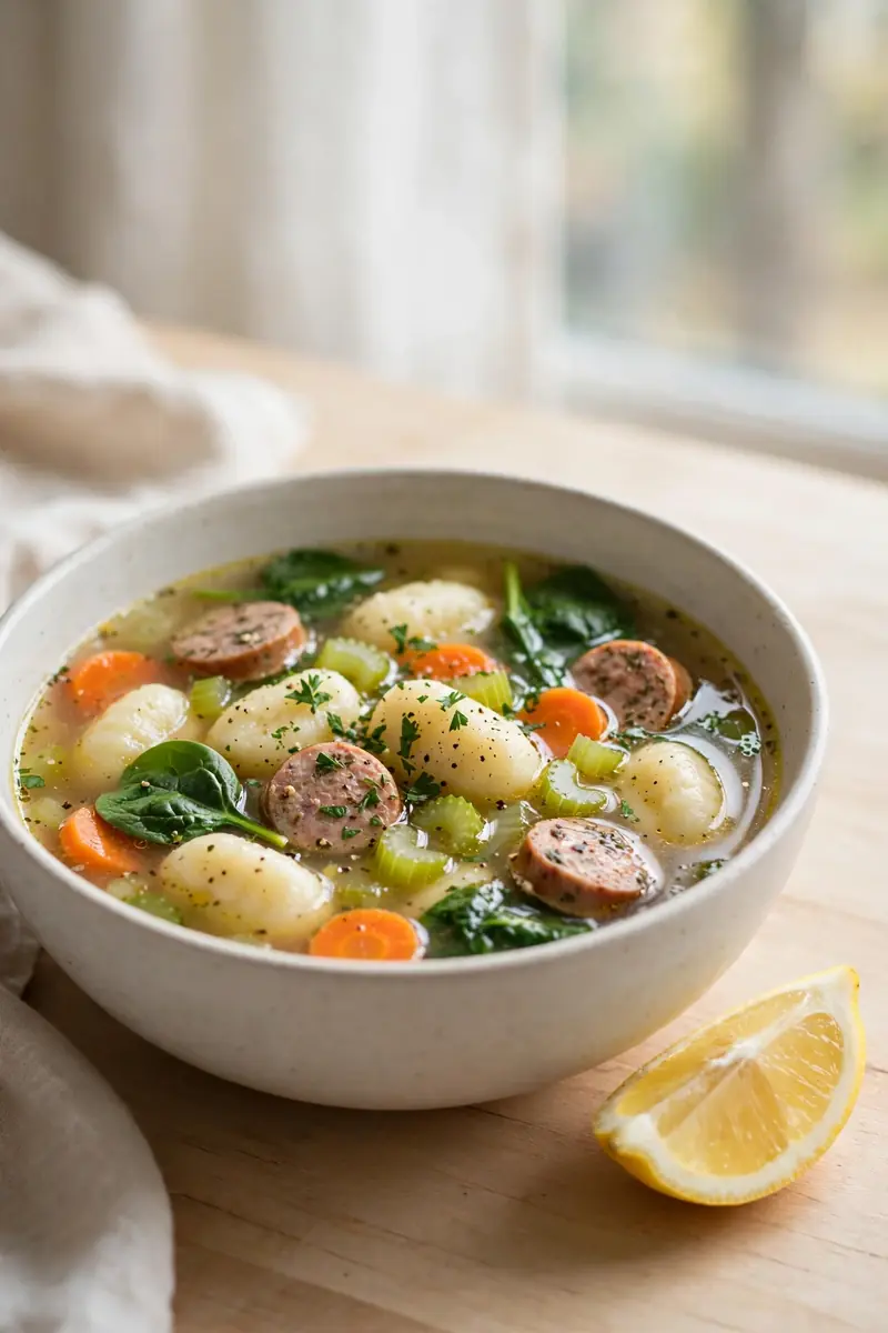 Light and brothy sausage gnocchi soup