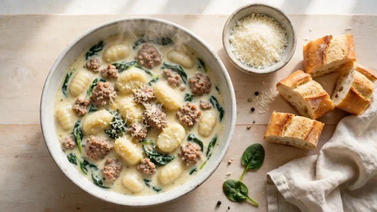 Hearty sausage gnocchi soup in a bowl