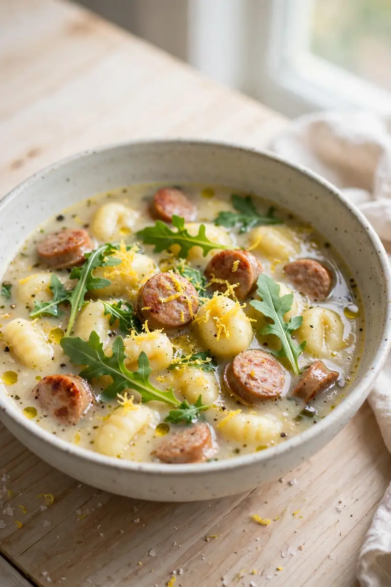 Lemon arugula sausage gnocchi soup