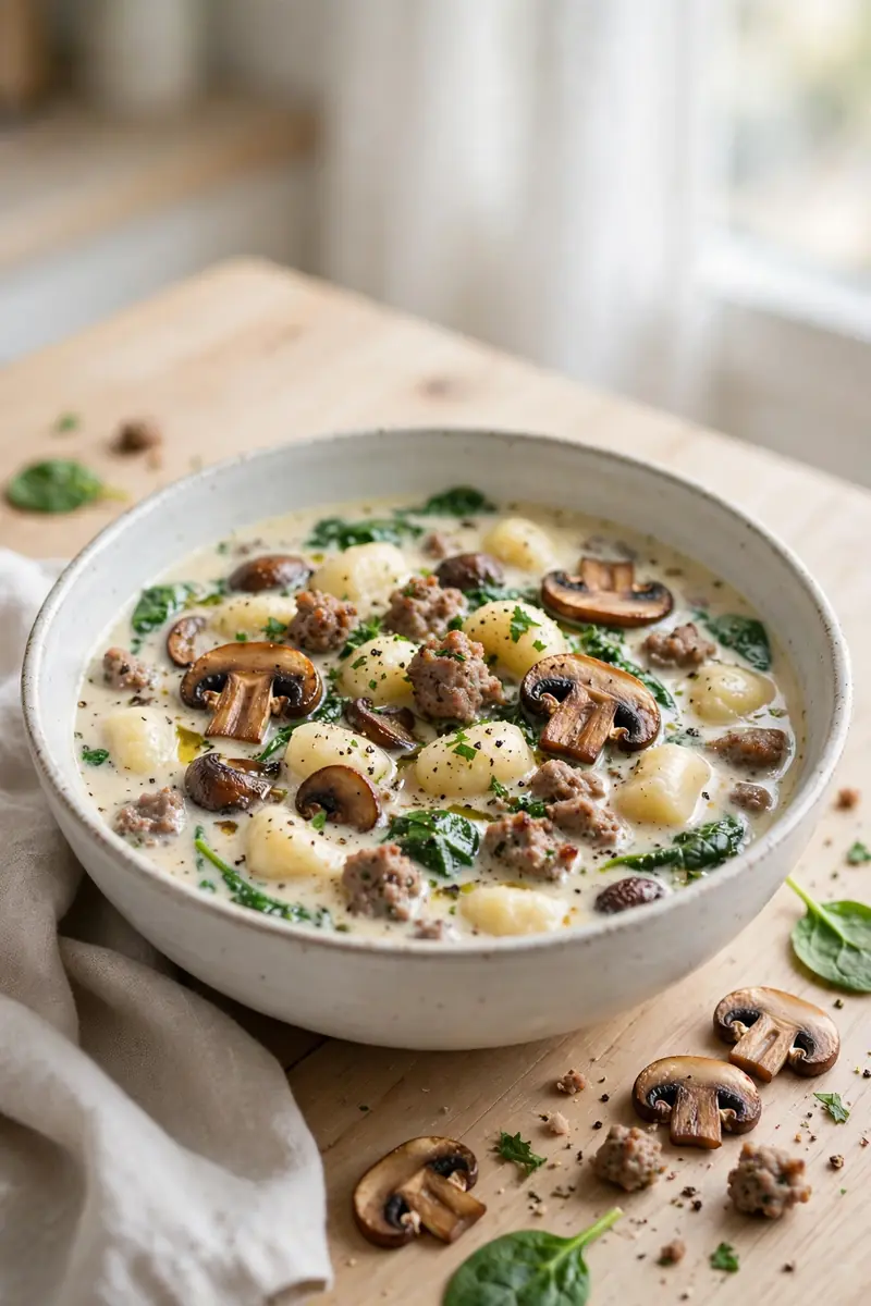 Mushroom sausage gnocchi soup