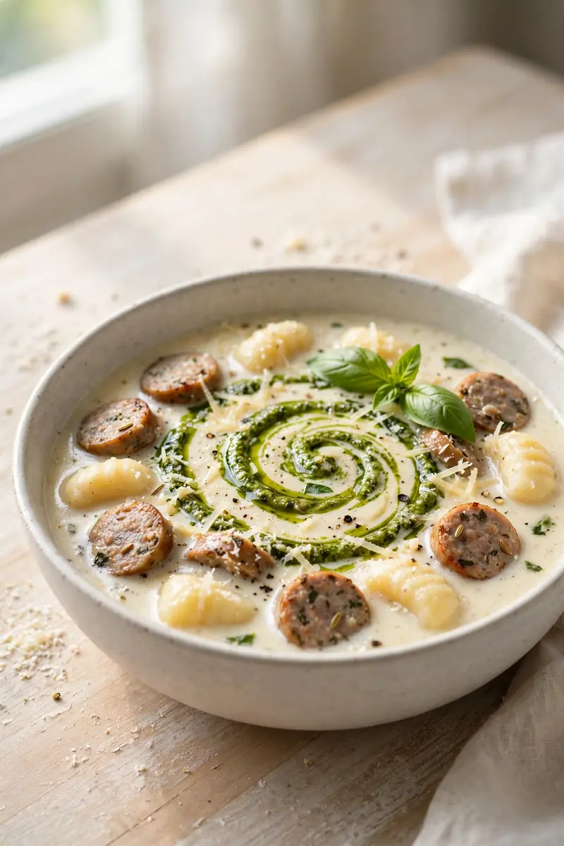 Pesto swirl sausage gnocchi soup