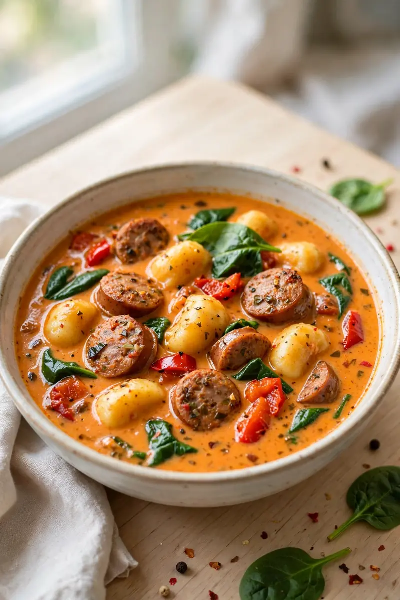 Roasted red pepper sausage gnocchi soup