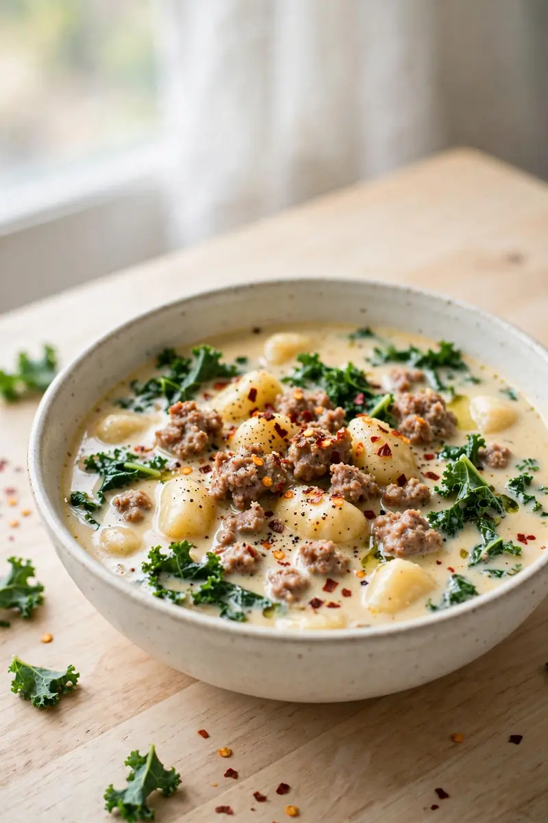 Spicy sausage gnocchi soup
