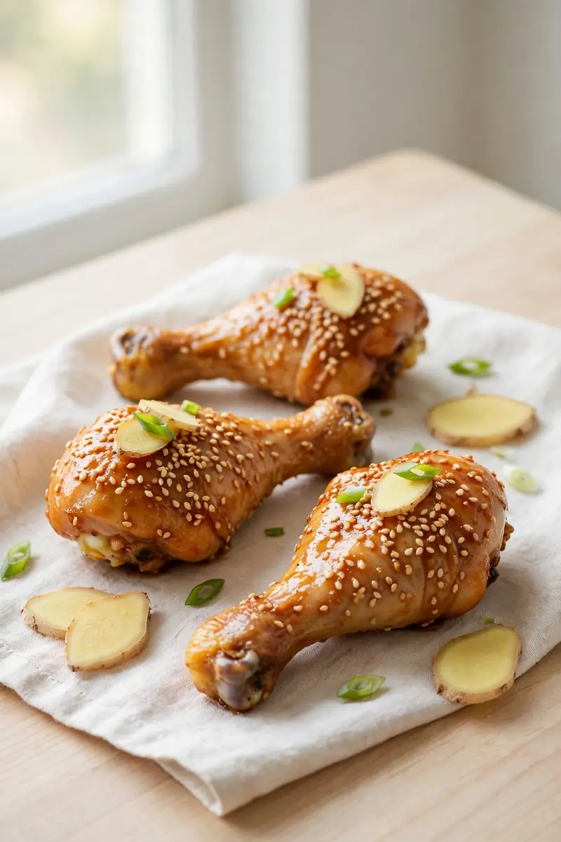 Sesame ginger chicken legs with toasted sesame seeds and ginger glaze