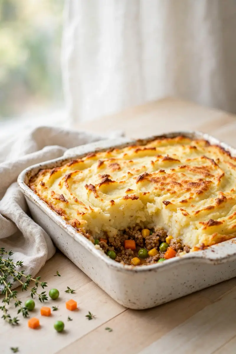 Shepherd's pie with golden mashed potato top in a baking dish