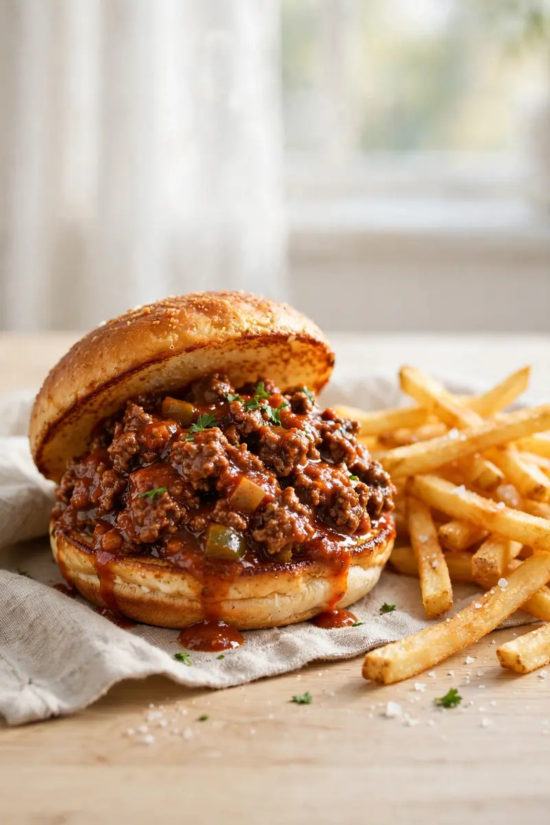 Sloppy joe sandwich with saucy beef on a toasted bun